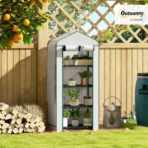 outsunny 4 tier mini greenhouse w/ screen roof shown in use