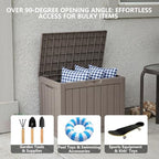 outdoor storage box, 50 gallon waterproof deck box on a desk or shelf