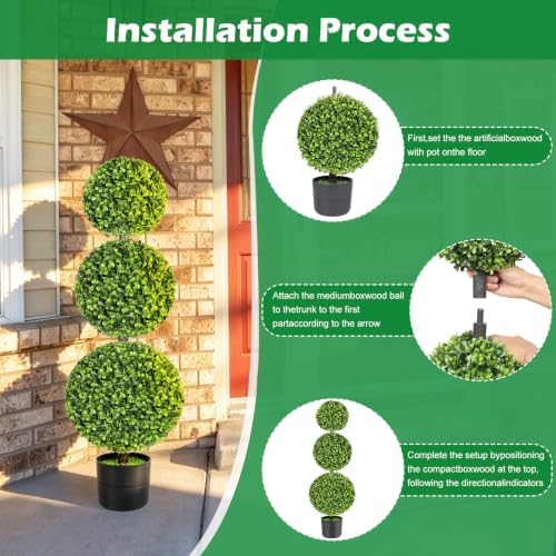 3ft realistic artificial boxwood triple ball topiary tree, side view
