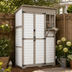 large outdoor storage cabinet with dual-zone shelves, garden, front angle view