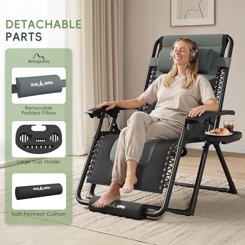 Amopatio Oversized Padded Zero Gravity Chairs Reclining Patio Lounge Chair | 29" Wide; 0-170° Recline; Removable Headrest, Cup Holder & Footrest; Foldable Weather Resistant 500LBS Capacity