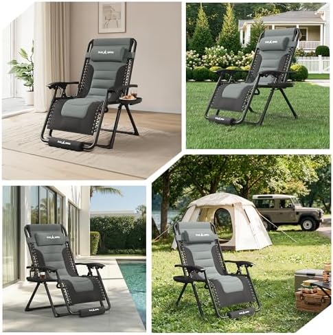 Amopatio Oversized Padded Zero Gravity Chairs Reclining Patio Lounge Chair | 29" Wide; 0-170° Recline; Removable Headrest, Cup Holder & Footrest; Foldable Weather Resistant 500LBS Capacity