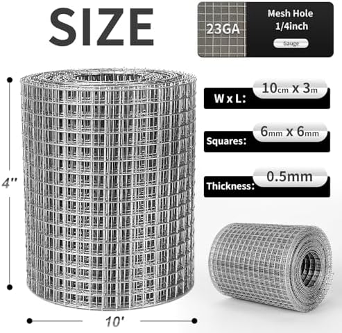 Hardware Cloth 1/4 in Galvanized Wire Mesh Roll (23 GA) Chicken Wire Fence Roll for Chicken Pen/coop Fences, Screen mesh, Rabbit/Snake Fences, Poultry enclosures, Handicraft Ma 4in×10ft