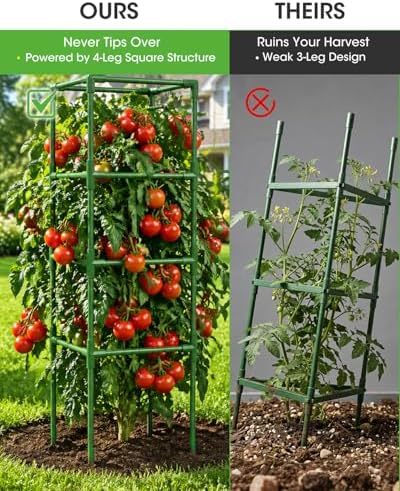 tomato cages,square tomato plant stakes support cages trellis shown in use