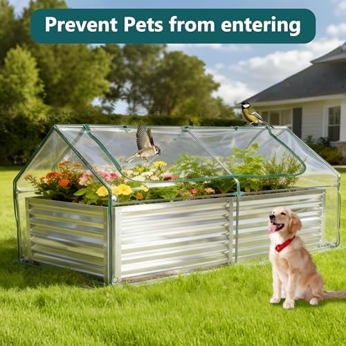 dumos galvanized raised garden bed with cover, clear, side view