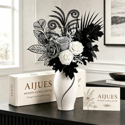 fake flowers for vase, black, white & silver on a desk or shelf