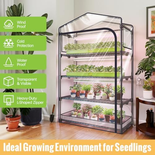 indoor greenhouse with grow light, 4-tier plant shelf shown in use