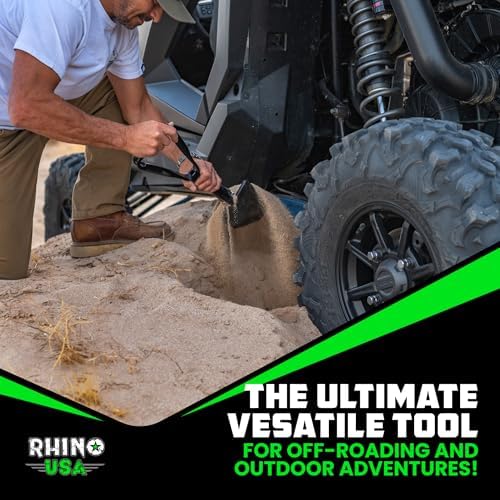 rhino usa folding survival shovel with pick on a desk or shelf