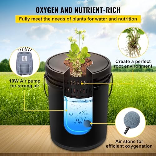 vevor 5 buckets dwc hydroponic system, 5 gallon showing dimensions
