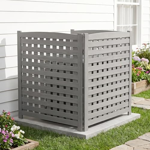 3-panel outdoor air conditioner fence screen, outside wood, close-up detail