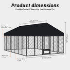 10x14ft outdoor dog kennel with roof and feeding shown in use