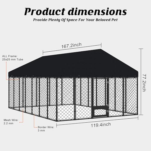 10x14ft outdoor dog kennel with roof and feeding shown in use