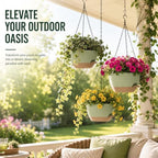 12 inch self‑watering hanging planters plant pots, green‑brown shown in use