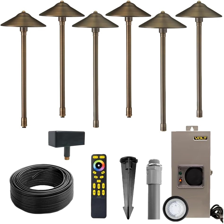 VOLT 12V Max Spread Color-Changing RGBCW LED Path Light Kit (Bronze) | 6-Pack of Solid Brass Path Lights, 150W Low Voltage Transformer & Remote Control Included, Ideal for Pathway Walkway & Garden