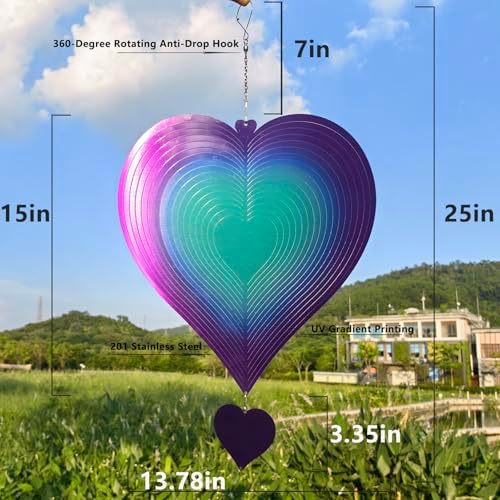 DJUAN 15in Large Heart Wind Spinner Garden Decor,Gifts for Women,Mom and Grandma,Mother's Day,Birthdays, Purple-Green Stainless Steel Hanging Yard Art Outdoor & Indoor Decorations