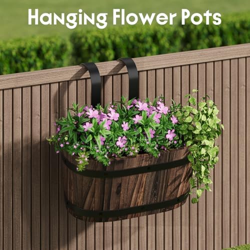 hanging flower pots with drainage holes, wooden railing on a desk or shelf