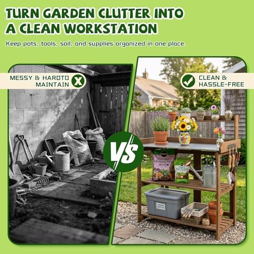 ketive outdoor potting bench with metal top and shown in use