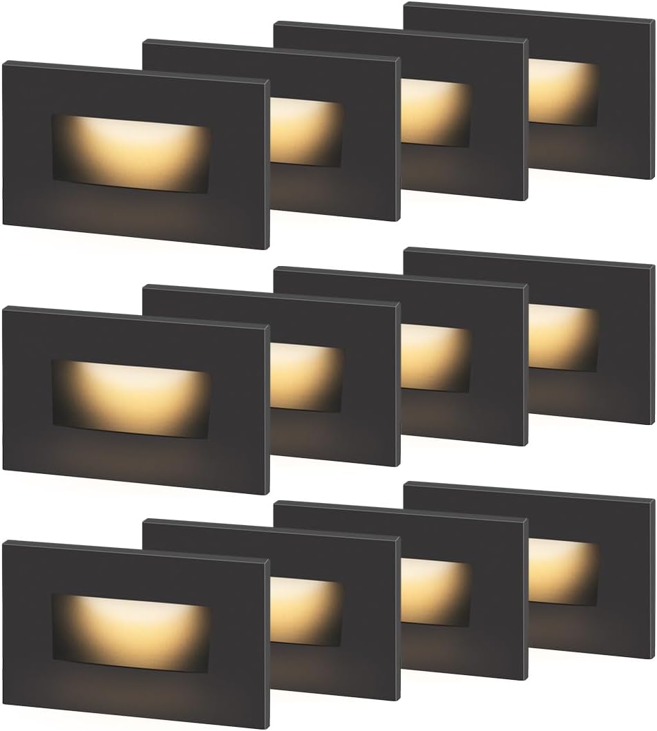 120V Dimmable LED Step Lights, 3000K/4000K/5000K, 12-Pack | Line Voltage 3.5W 175lm Landscape Lighting for Stairway Pathway Patio, Indoor Outdoor Wet Location, Aluminum ORB Finish