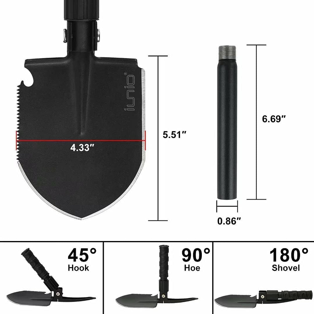 iunio folding camping shovel 31in, heavy-duty carbon steel showing dimensions