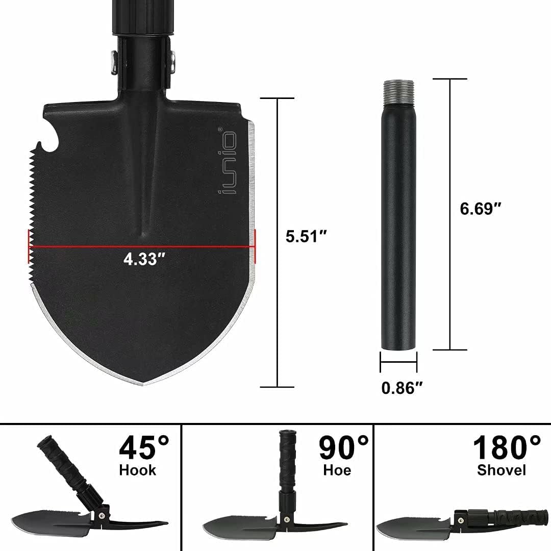 iunio folding camping shovel 31in, heavy-duty carbon steel showing dimensions
