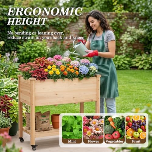 raised garden bed with lockable wheels, 32x16x32 inch, side view
