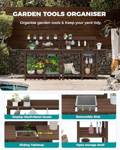 serwall outdoor potting bench with removable sink,gardening table,coffee showing dimensions