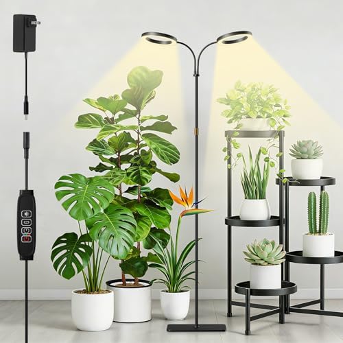 Grow Light with Stand for Indoor Plants, Dual Head Full Spectrum Floor Plant Light for Large Tall Plants, 16.5-68in Adjustable Height, 3/9/12H Timer, Dimmable, Modern Ring Grow Lamp for Home Décor