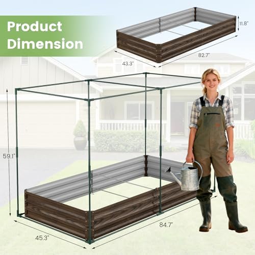 docred crop cage with raised garden bed, 84.6" showing dimensions