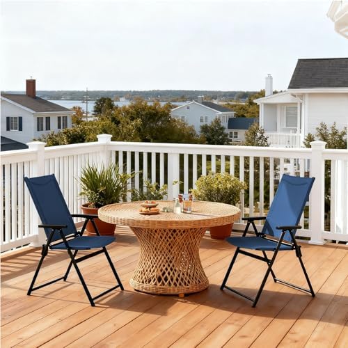 SHGJ&SOFT Patio Folding Chairs Set of 2, Portable Outdoor Chairs with Armrests, No Assembly Metal Frame for Lawn Garden Beach Backyard, Camping(Blue, 2pc)