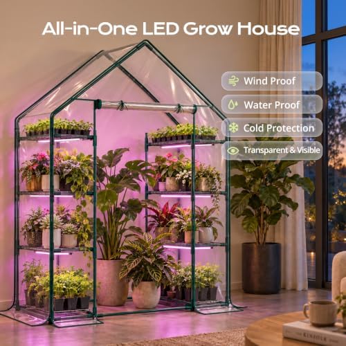 docred indoor greenhouse with grow light, 4-tier mini shown in use