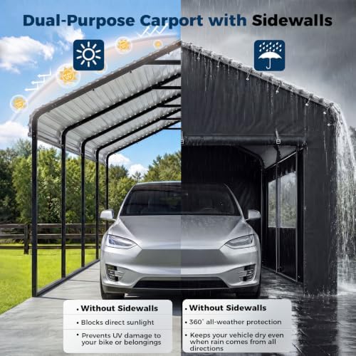 homshade 12x20ft metal carport with removable sidewalls & showing dimensions