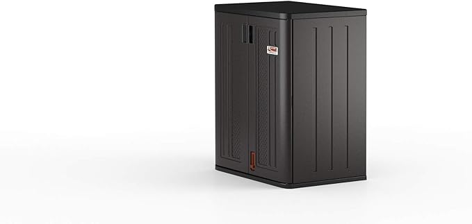 Suncast Heavy-Duty Resin Outdoor Storage Cabinet, 30" W x 20.25" D x 36" H Dark Grey Base Garage Storage Cabinet with Lockable Doors and Metal Reinforced Shelves, Made in The USA