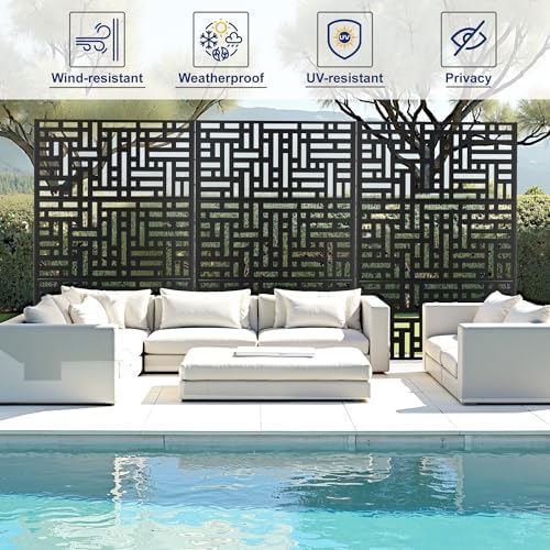 fency 6ft outdoor metal privacy screen, black street, close-up detail