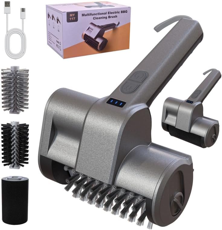Electric Grill Brush Rechargeable Grill Cleaner 3 Heads 2 Speed 2000 RPM Torque 80KG BBQ Cleaning Brush with Safety Lock Submersible 304 SS Head Splash-Proof Scrubbe IPX7 Waterproof Silvery Black