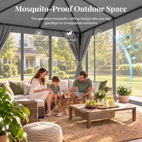 lausaint home 10x10 gazebo canopy with netting, curtains shown in use