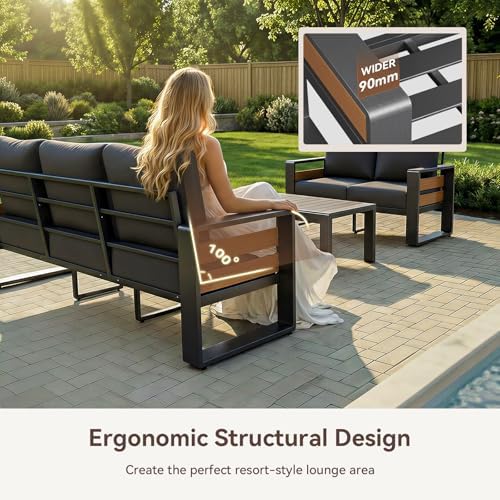 aoxun aluminum patio furniture set, 5 seats sectional showing dimensions