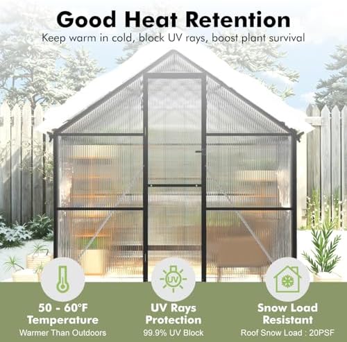 6x8ft greenhouse with thermometers, small greenhouse for outdoors showing dimensions