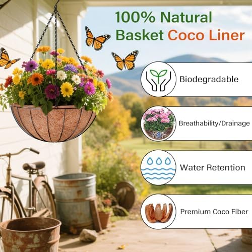 Halatool 6 Pack 14 Inch Coconut Liners for Hanging Baskets Replacement | 100% Natural Coco Coir Fiber, Breathable Round Coco Liners for Planters, Flowers, Balcony, Garden, Patio, Porch, Home Decor
