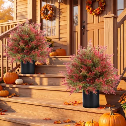 artificial fall cedar topiary trees in pot, 2 shown in use