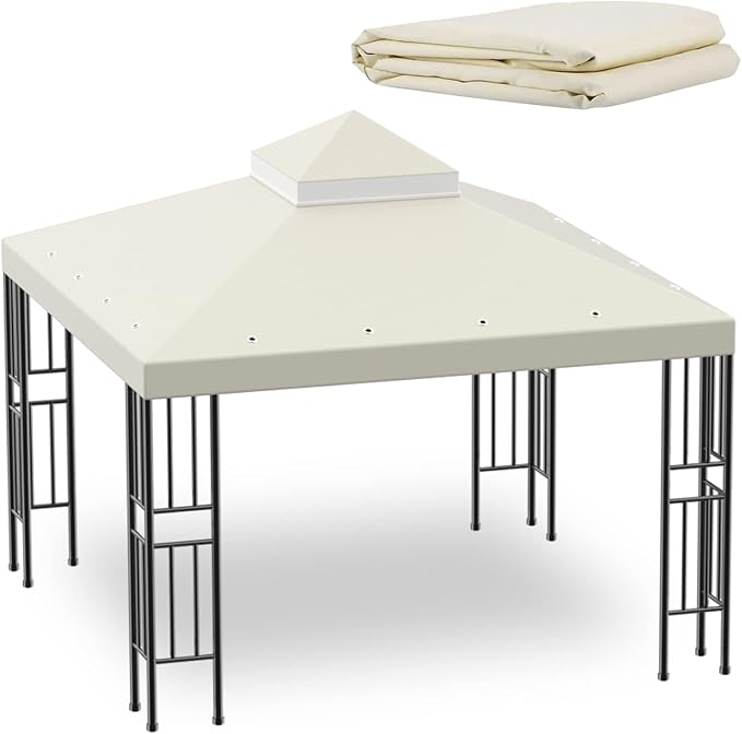 Sumfaller 10x10 FT Gazebo Replacement Canopy Top Cover Double Tiered Canopy Top Cover for Patio Garden Outdoor BBQ Roof Cover Grill Shelter (Beige)