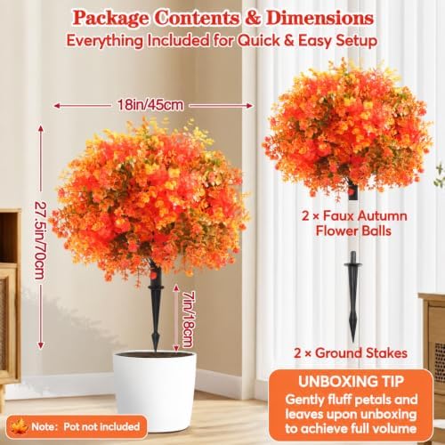 27.5" artificial topiary ball trees w/stake for fall showing dimensions