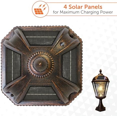 Gama Sonic Outdoor Solar Post Light with Pier Base, Brushed Bronze Finish Aluminum and Rain Glass, Royal Bulb 150 Lumens Warm White LED, Mount on Column or Flat Surface 98B111 Upgraded Panel