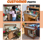outdoor potting bench with metal top, sliding drawer, close-up detail