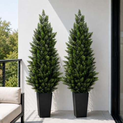 5ft artificial topiary trees with black planter, tall shown in use