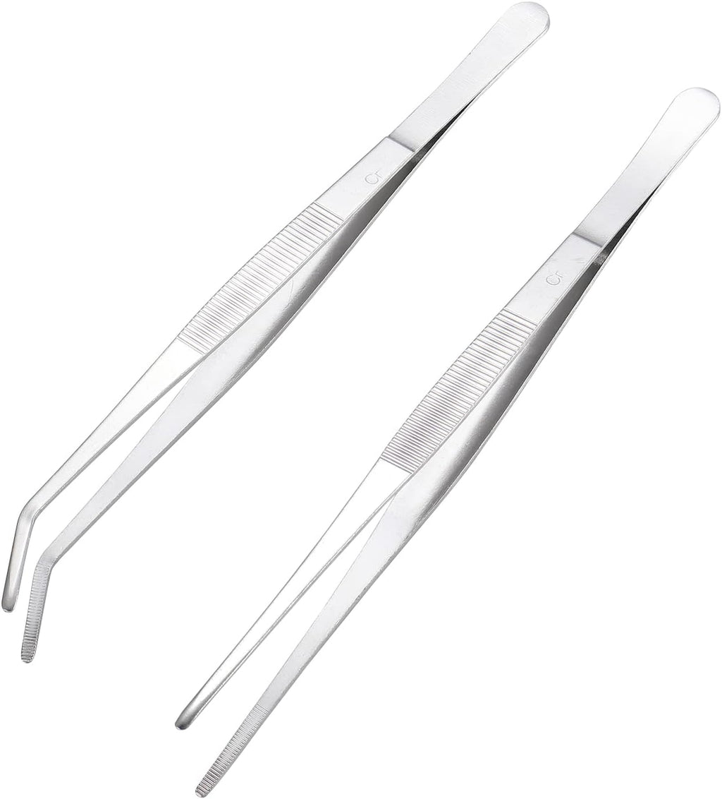 Miupoo Long Handle Stainless Steel Paint Straight and Curved Tweezers Nippers,Extra Long Precision Craft Tweezers Set with Serrated Tips,Silver,2 pieces,9.8Inches