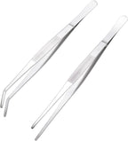 Miupoo Long Handle Stainless Steel Paint Straight and Curved Tweezers Nippers,Extra Long Precision Craft Tweezers Set with Serrated Tips,Silver,2 pieces,9.8Inches