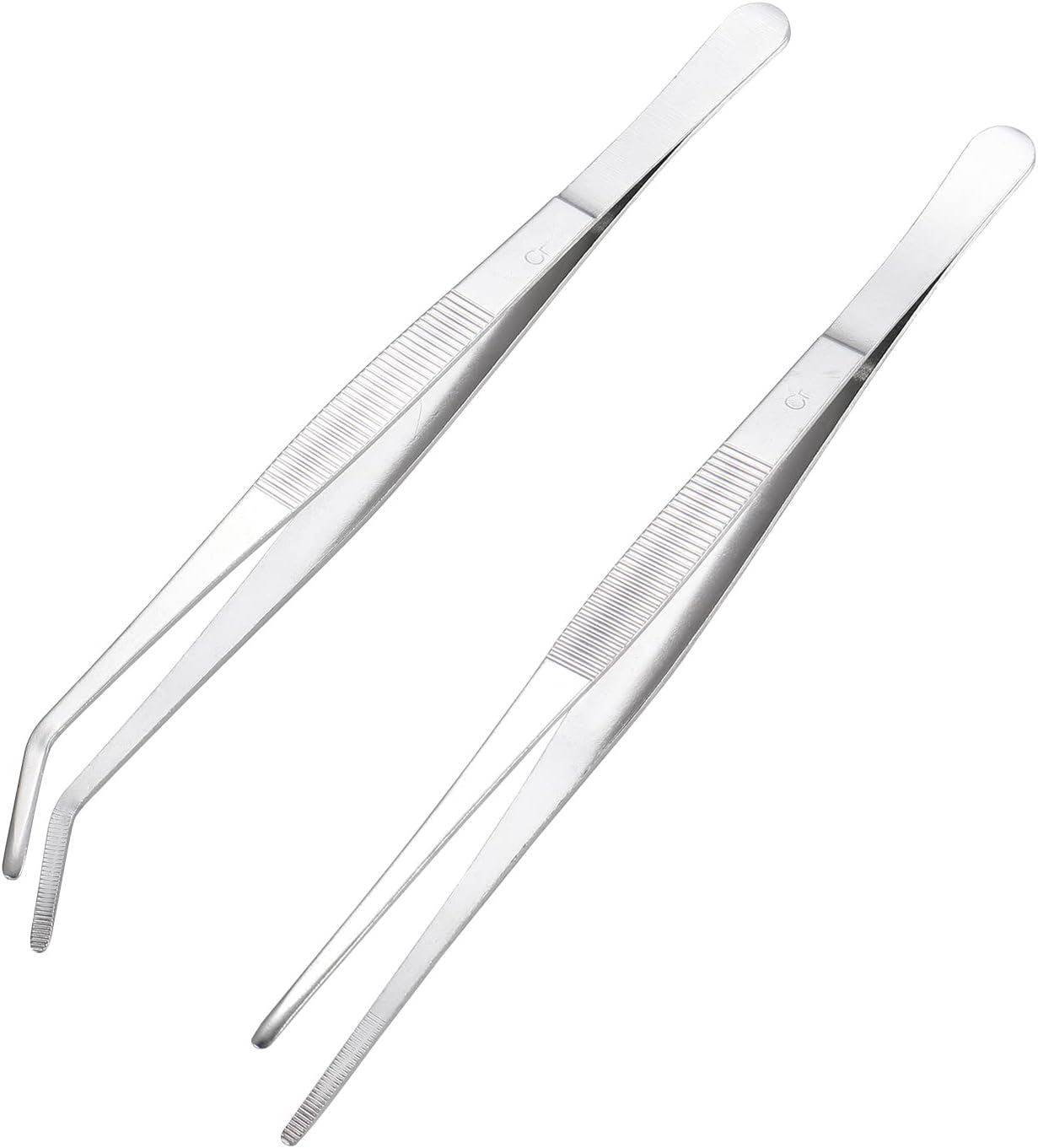 Miupoo Long Handle Stainless Steel Paint Straight and Curved Tweezers Nippers,Extra Long Precision Craft Tweezers Set with Serrated Tips,Silver,2 pieces,9.8Inches