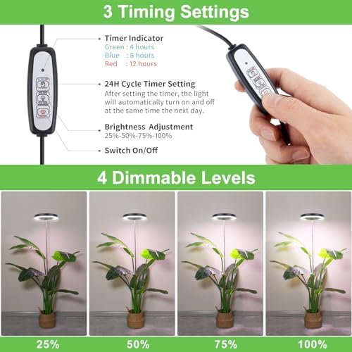 LBW Grow Lights for Indoor Plants, 6.3" Full Spectrum Grow Light, 72 LEDs | 10.4"-59” Height Adjustable Plant Light, 4 Brightness Levels, 4/8/12H Auto Timer, Ideal for Large Tall Plants, Black