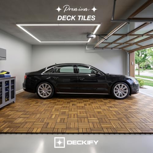 9-piece acacia wood interlocking deck tiles, golden teak shown in use
