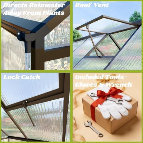 8x12ft greenhouse kit with roof vent, dark gray showing dimensions